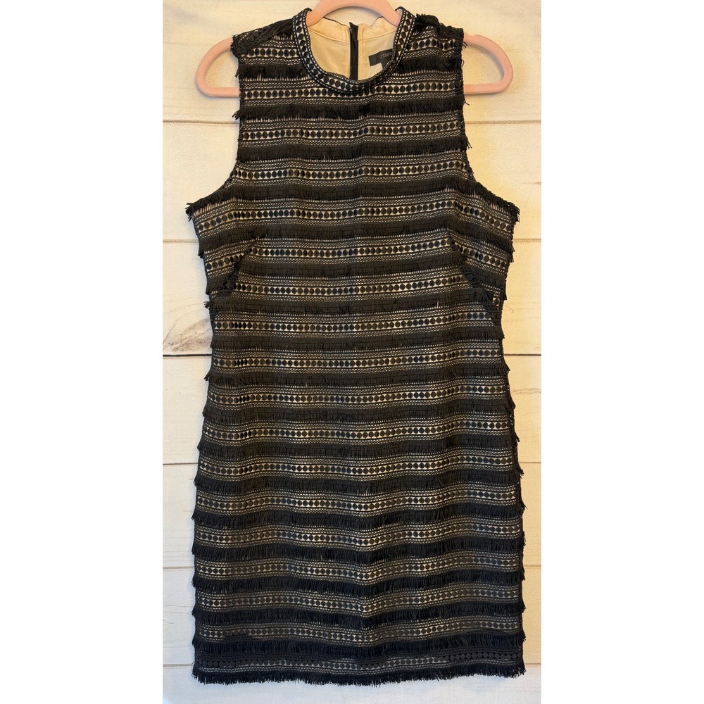 J.Crew Black Fringe Eyelet Lace Sleeveless Shift Dress Size 12 Exposed Zipper